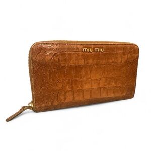 Miu Miu Tan Croc-Embossed Zip Wallet